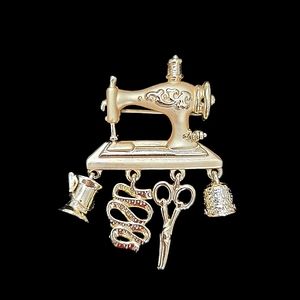 Vintage Goldtone Sewing Machine with Charms Brooch Pin  2" x 2.75"